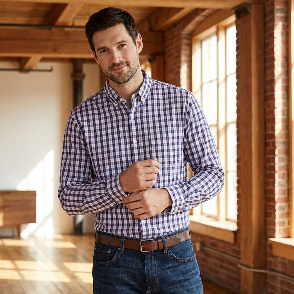 Banana Republic Slim Fit Plaid Shirt Mens Large Purple Cotton Preppy Office Work